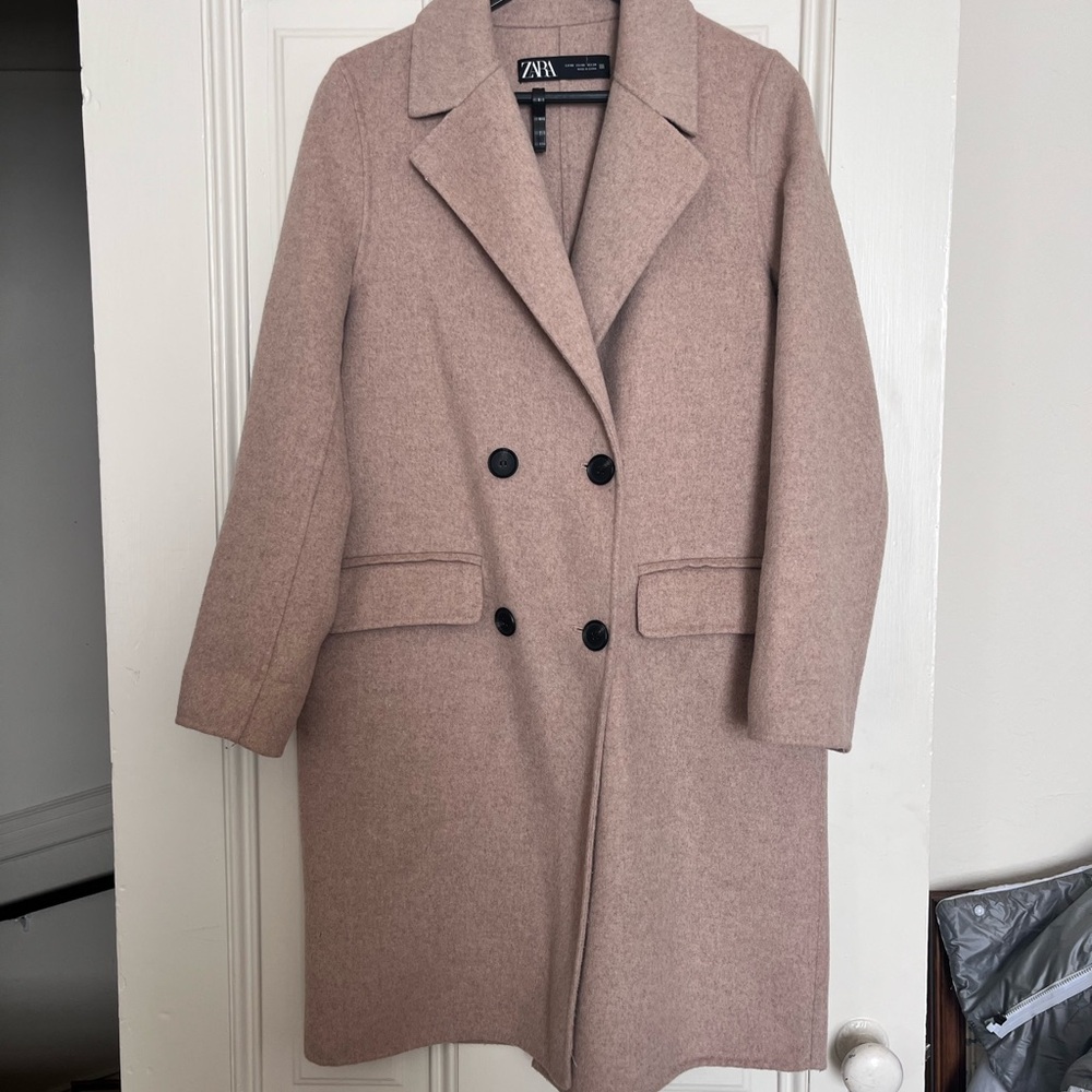 Zara Tan Pea Coat Wool Blend Double-Breasted